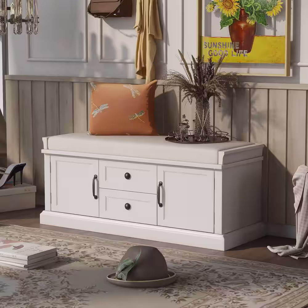 Seafuloy White 42.5 in. L x 15.9 in. W x 17.5 in. H Wooden Storage Bench w/2-Drawers and 2 Cabinets w/Removable Velvet Cushion
