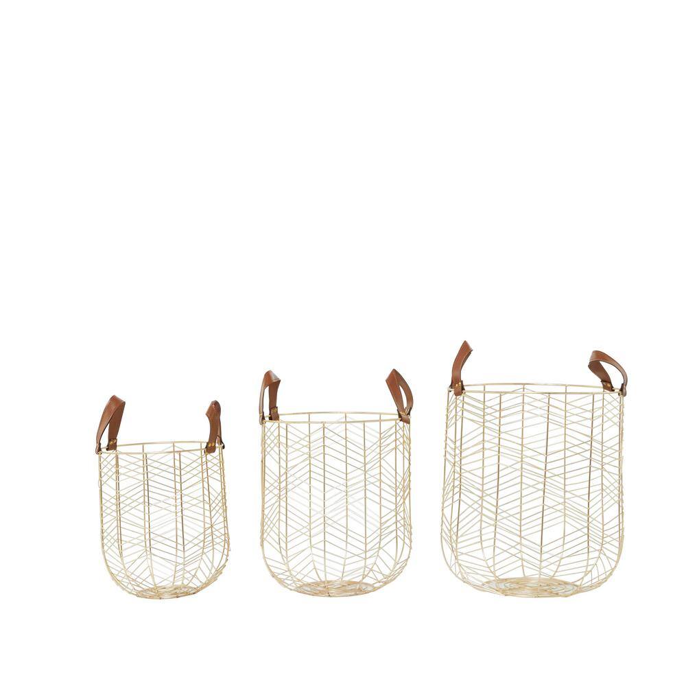 CosmoLiving by Cosmopolitan Metal Storage Basket with Faux Leather Handles (Set of 3)