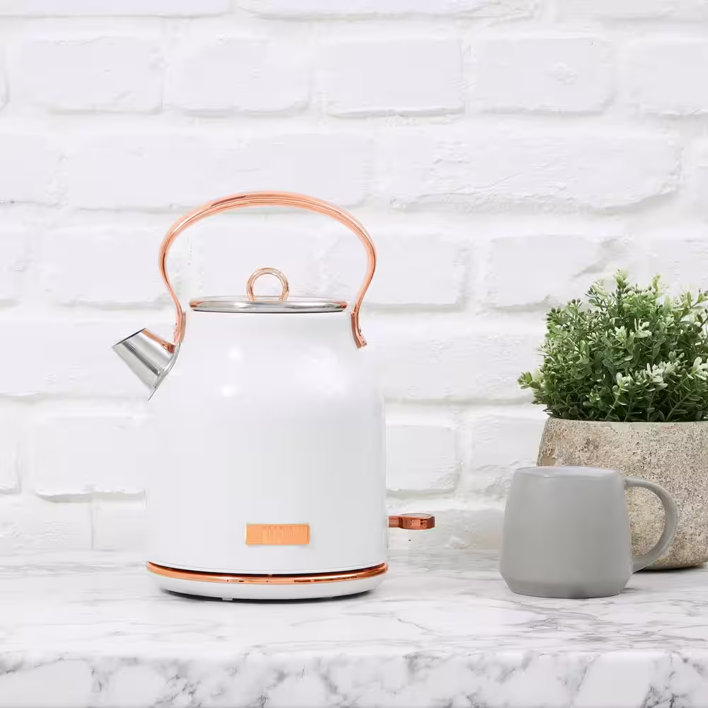 HADEN Heritage 1.7 l 7-Cup Ivory and Copper Cordless Stainless Steel Retro Electric Kettle with Auto Shut-Off