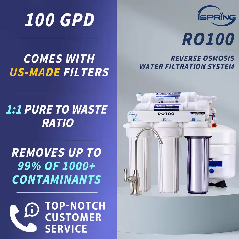 ISPRING 5-Stage 100 GPD Reverse Osmosis Drinking Water Filtration System 1:1 Pure to Waste Ratio, US Made Filters