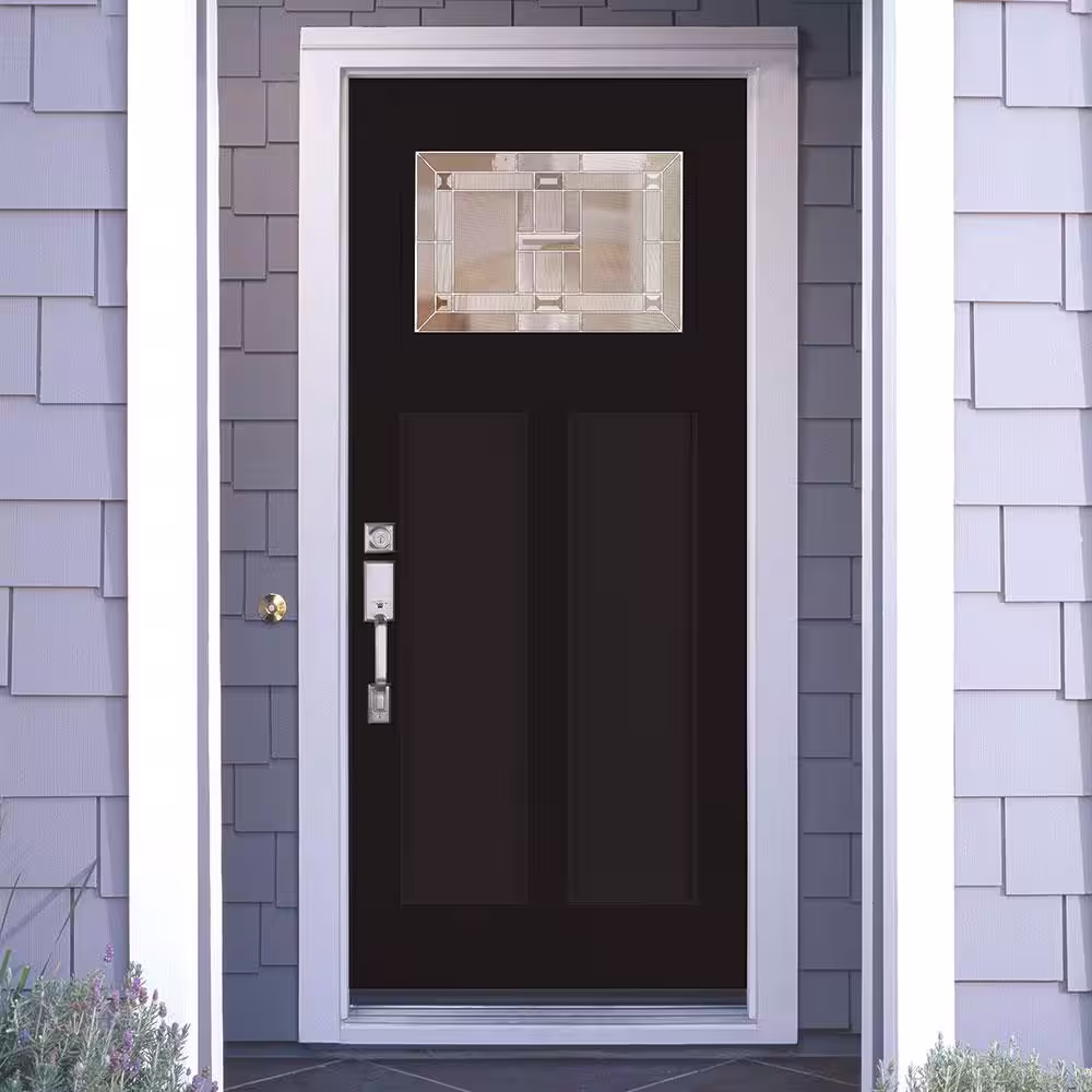 Feather River Doors Clarkston 36 in. x 80 in. Right Hand Inswing Zinc 1/4 Lite Painted Black Fiberglass Prehung Front Door