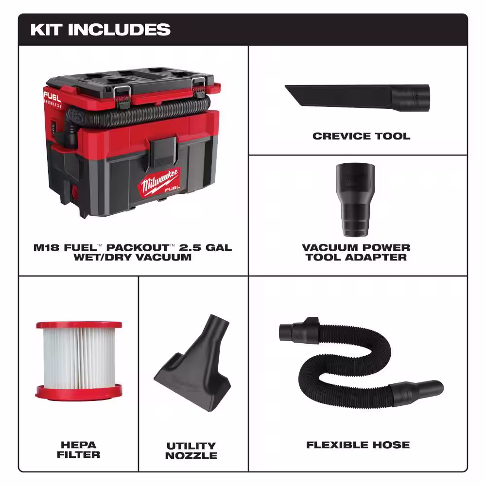 Milwaukee M18 FUEL PACKOUT 18-Volt Lithium-Ion Cordless 2.5 Gal. Wet/Dry Vacuum Kit with 8.0 Ah Battery and Charger
