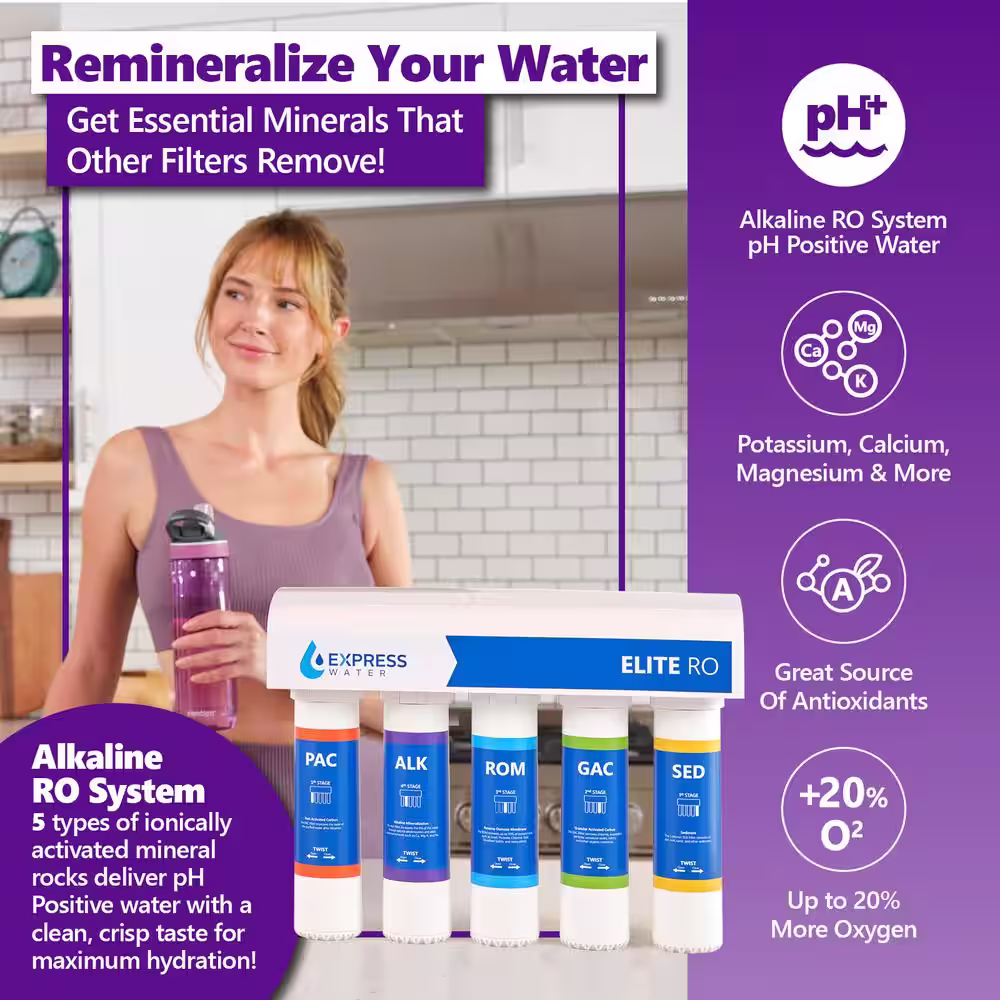 Express Water Elite Reverse Osmosis 9 Stage Alkaline Water Filtration System -Quick Twist Filter Change -Under Sink RO System 100 GPD