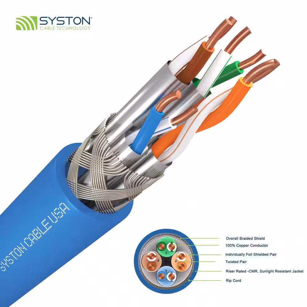 Syston Cable Technology 1000 ft. Blue 22 AWG Solid Copper Cat8 S/FTP Plus CMR Riser Bulk Data Cable (4-Pair)