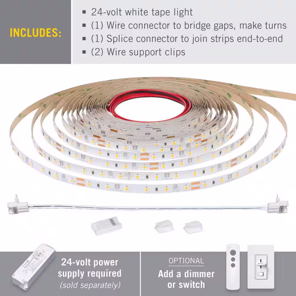 Armacost Lighting Ribbon Flex Pro 65.6 ft. Hardwired 2700K Warm White 24-Volt 60 LED Integrated LED Under Cabinet Strip Light 20M