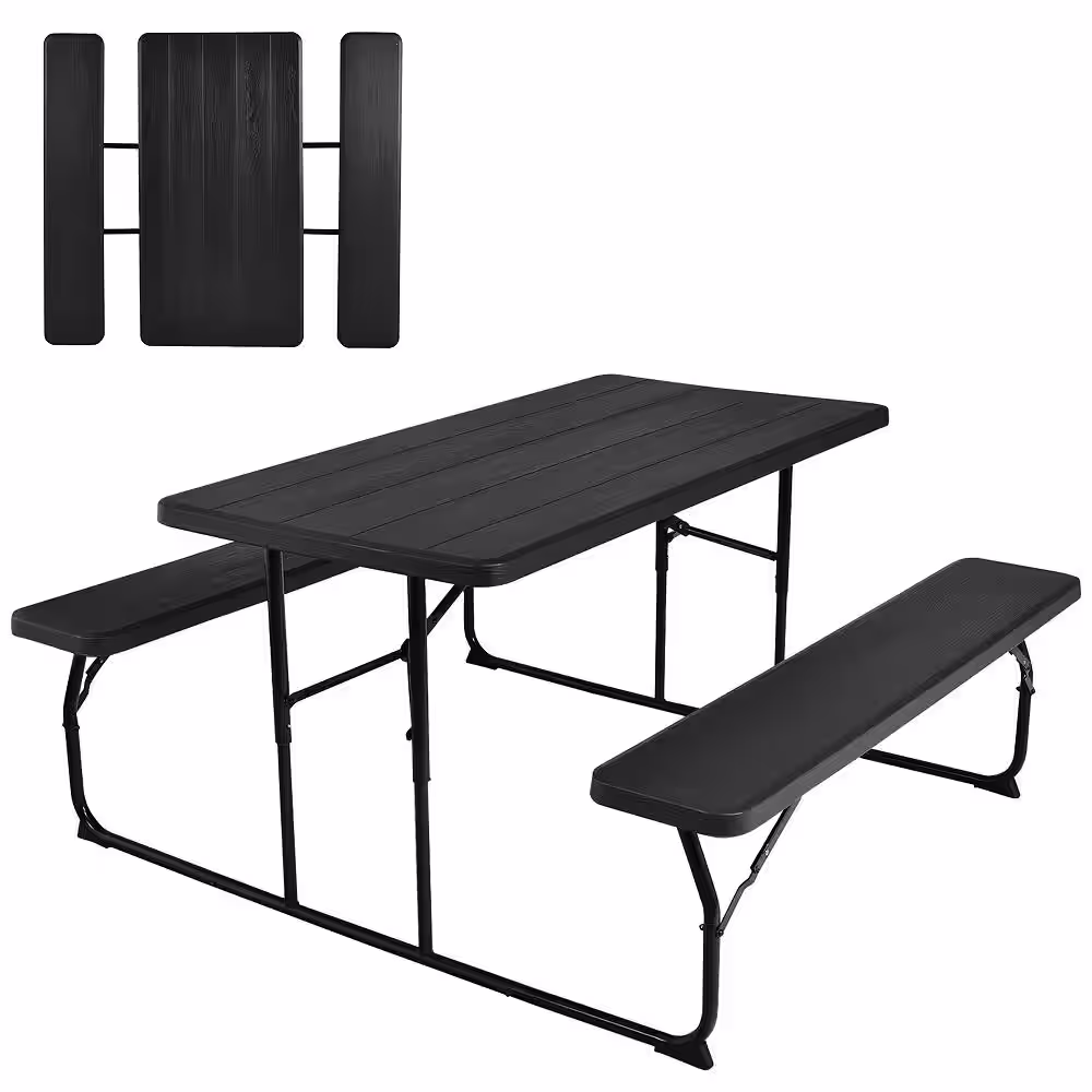 Costway Black Foldable Metal Bench Set Picnic Outdoor Camping Table With Extension