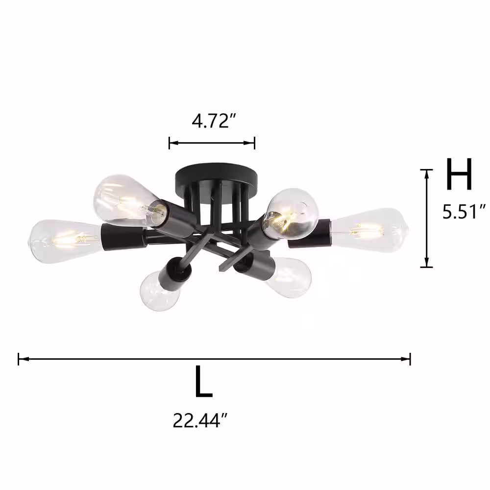 aiwen Industrial 22 in. 6-Light Black Linear Semi-Flush Mount Light Sputnik Ceiling Light