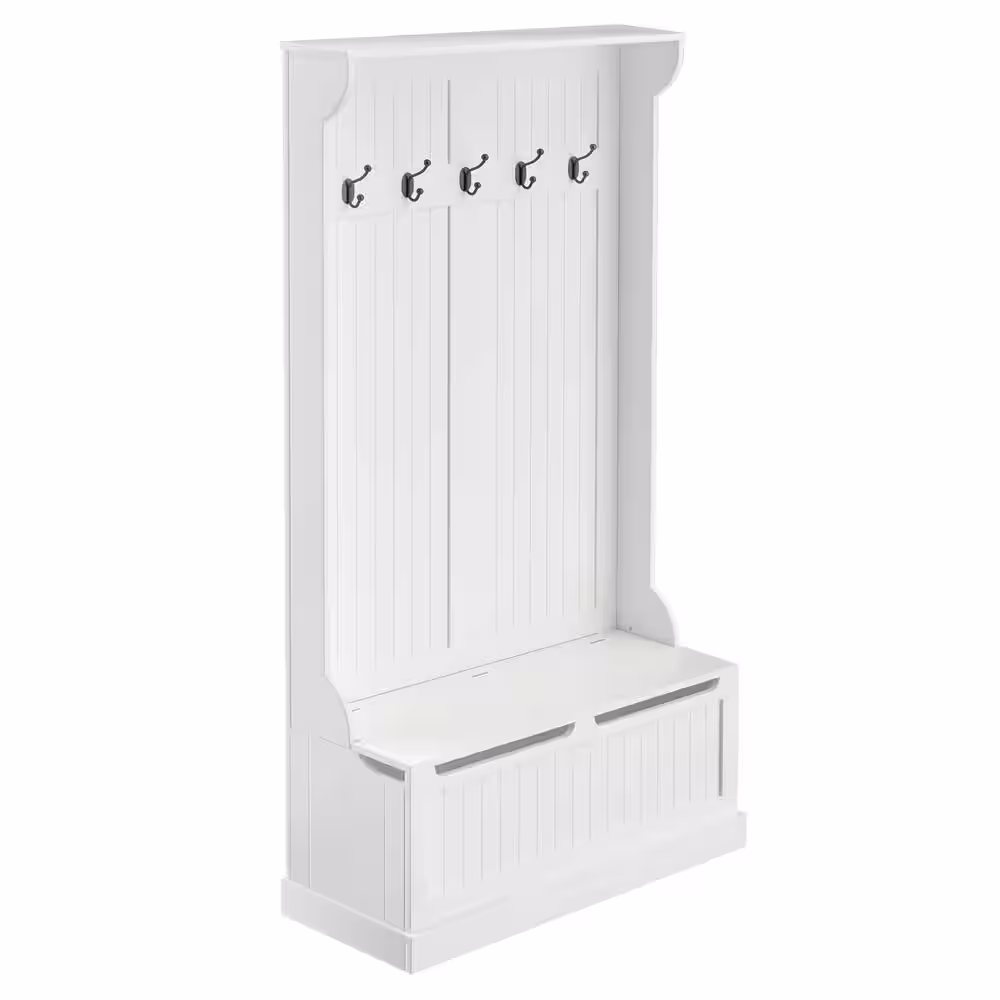 HOMCOM White Hall Tree Storage Bench and Coat Rack with 5 Steel Double Hooks and Anti-Topple Anchor for Entryway