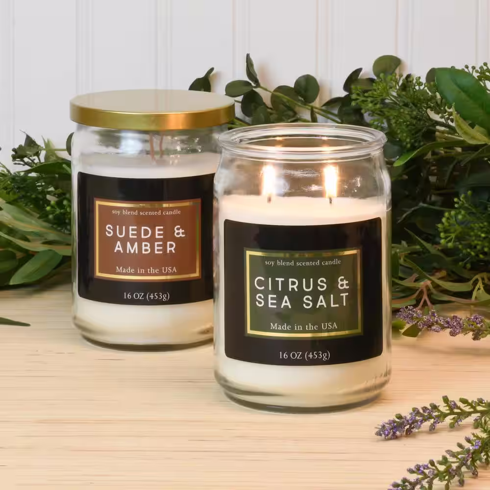 LUMABASE Suede and Amber and Citrus and Sea Salt Scented Wax Candles - Earth Blend Collection (Set of 2)