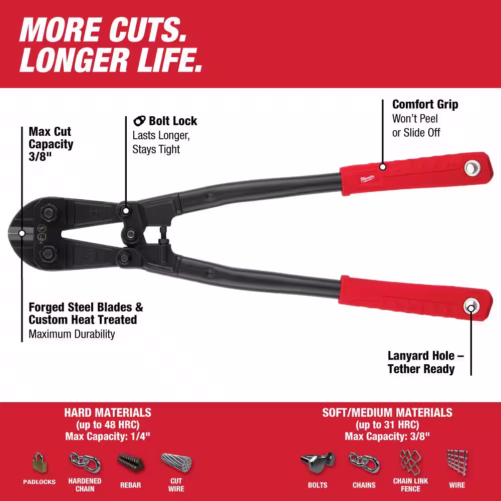 Milwaukee 18 in. Bolt Cutter with 3/8 in. Maximum Cut Capacity and High Leverage Lineman's Pliers with Crimper