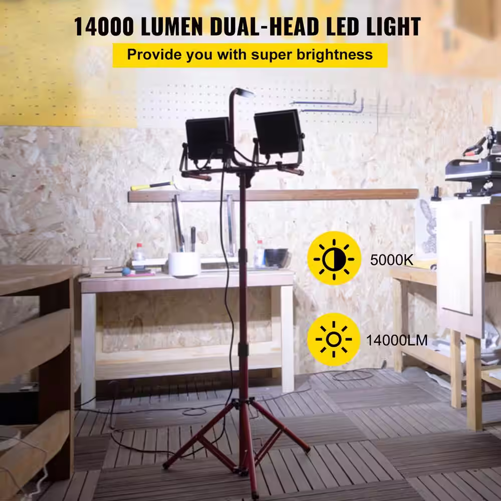 VEVOR Work Light Waterproofed 14000 Lumen Dual-head LED Jobsite Lighting with Adjustable and Foldable Tripod Stand