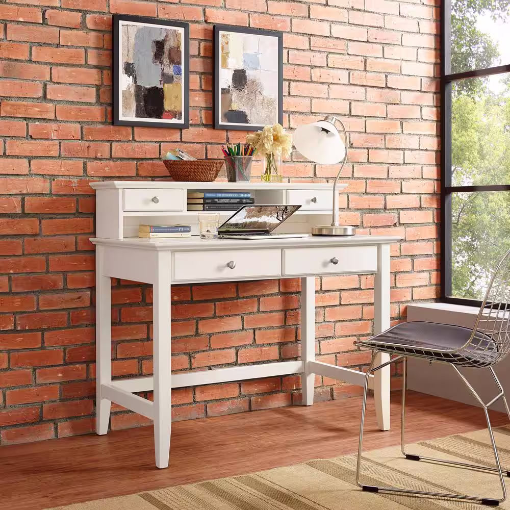 CROSLEY FURNITURE 54 in. Rectangular White 4 Drawer Computer Desk with Hutch