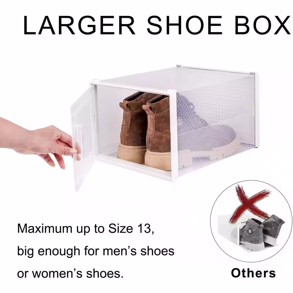 None 6-Pair Stackable Clear Plastic Foldable Shoe Boxes in White