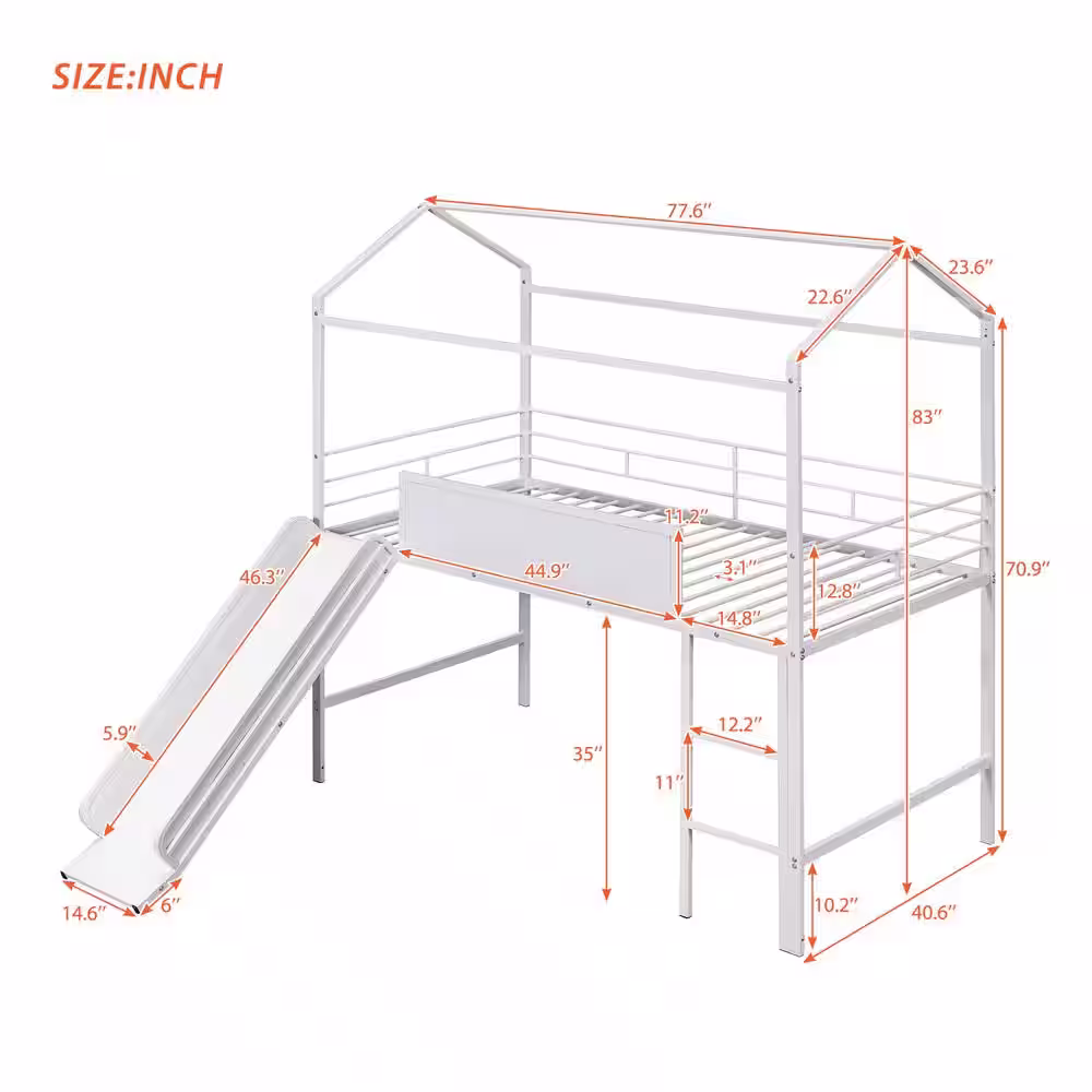 Harper & Bright Designs White Twin Size Metal House Bed Loft Bed with 2-sided Writable Wooden Board, Slide, and Ladder