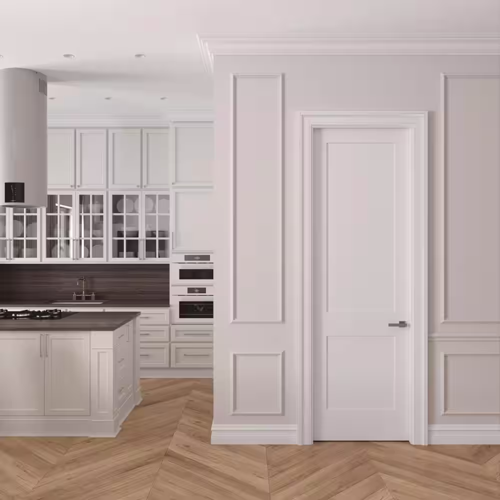 None 34 in. x 96 in. Left-Handed Solid Core Primed White Composite Single Prehung Interior Door Antique Nickel Hinges