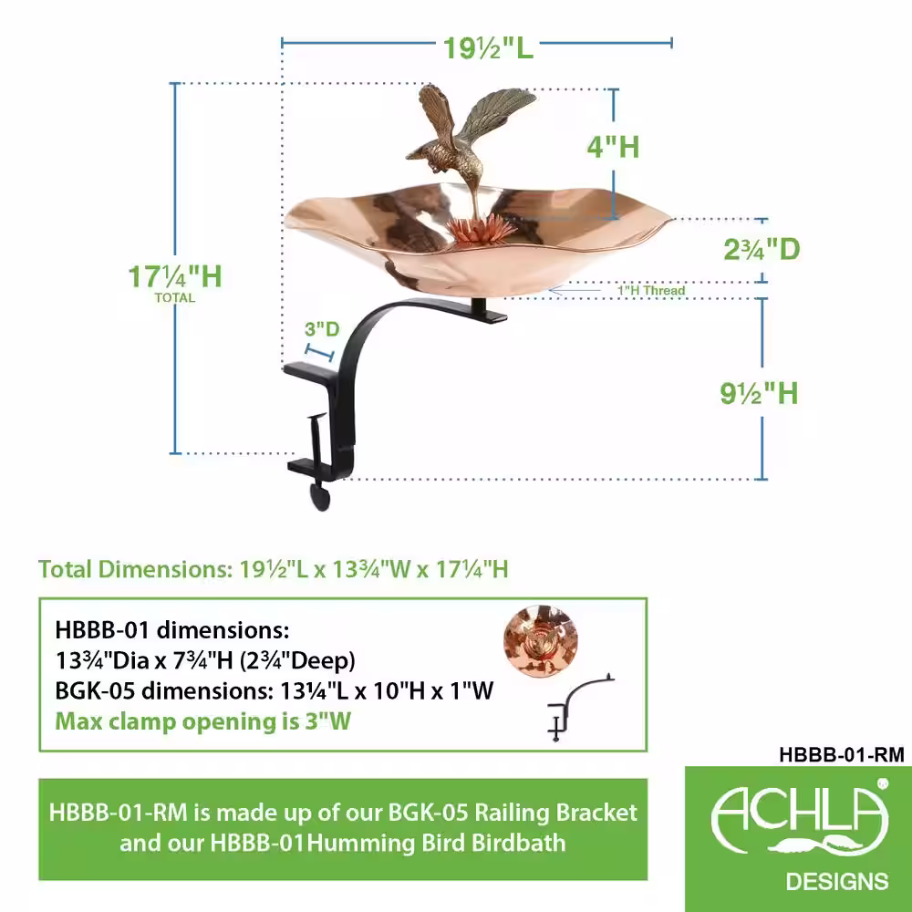 Achla Designs 13.25 in. Dia Copper Plated Hummingbird Birdbath Bowl with Rail Mount Bracket