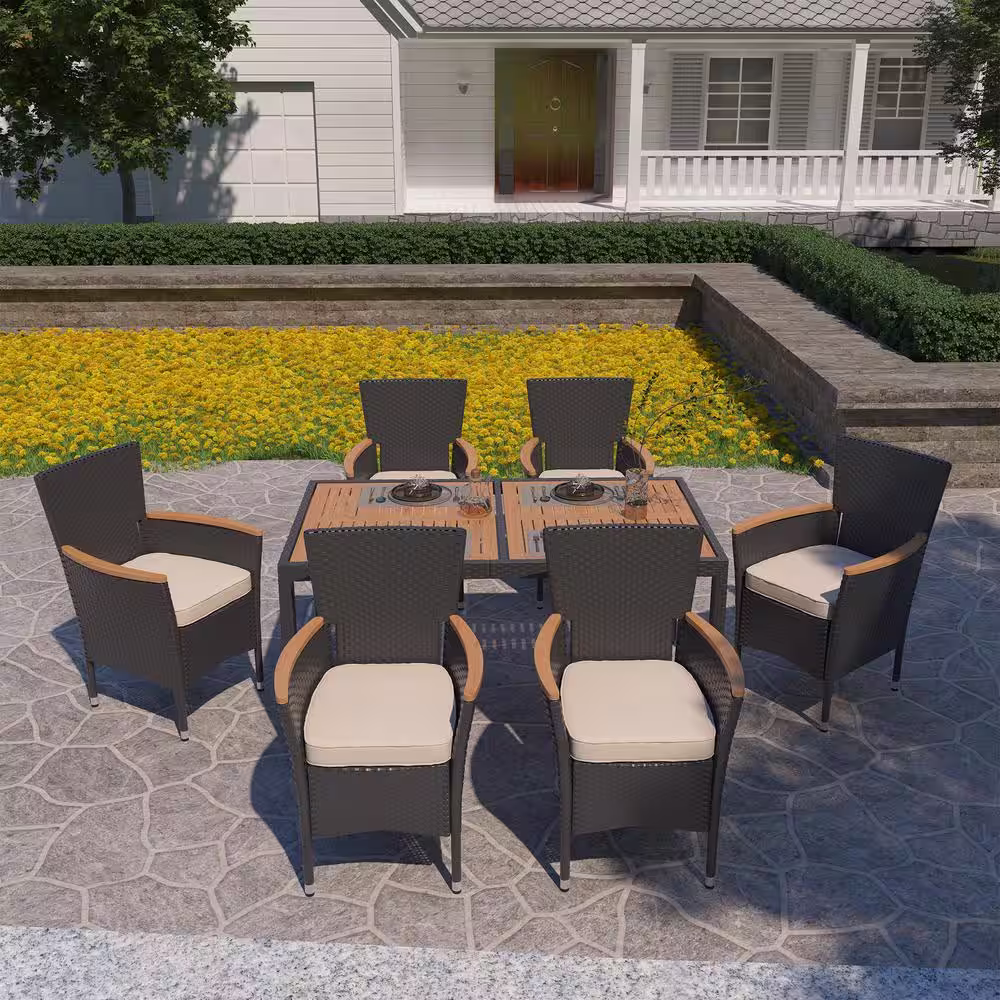Clihome 7-Piece Wicker Outdoor Dining Set PE Rattan Patio Furniture Set with Beige Cushions and Acacia Wood Table Top