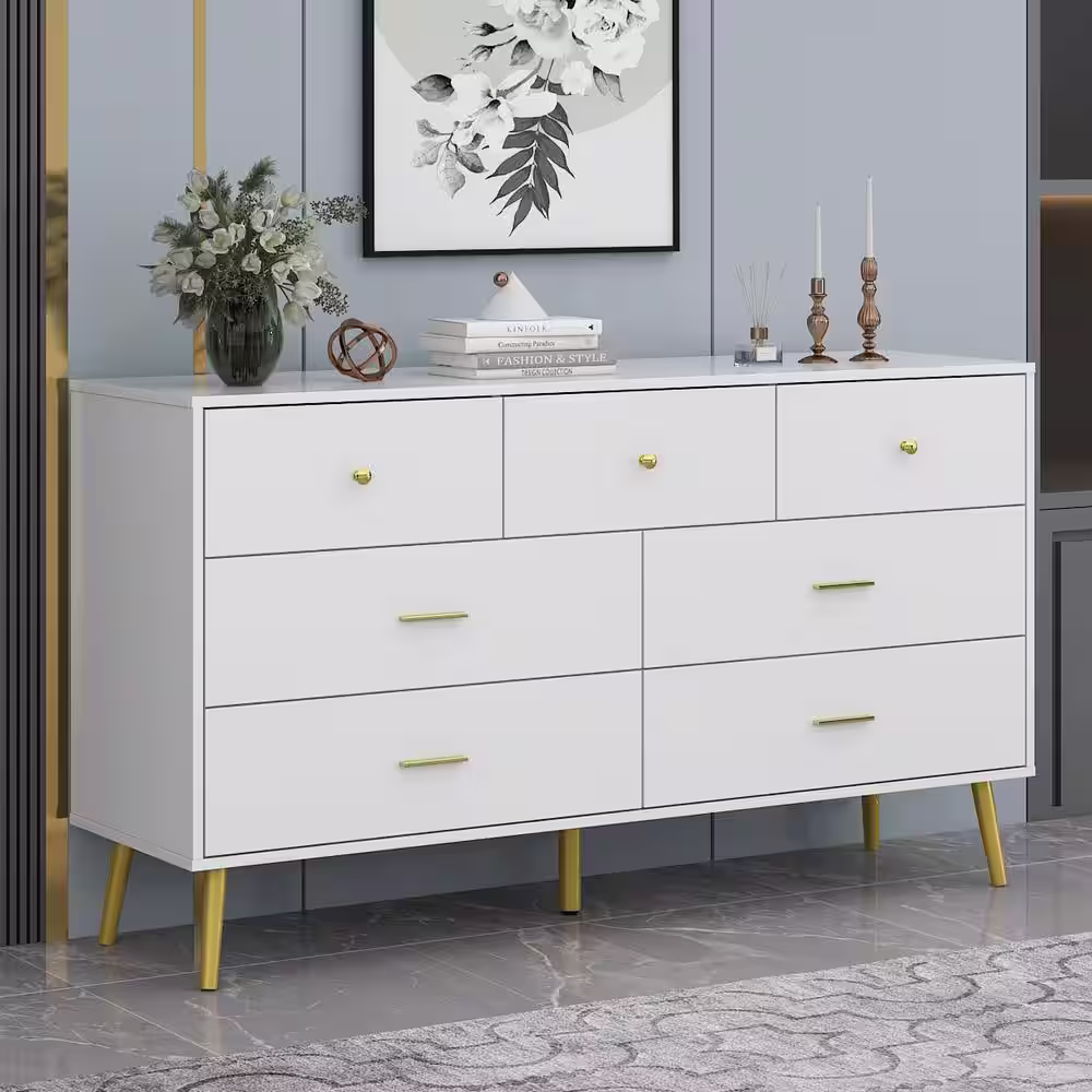 FUFU&GAGA 7-Drawer White Chest of Drawers, 31.5 in H-55.9 in W-15.7 in D