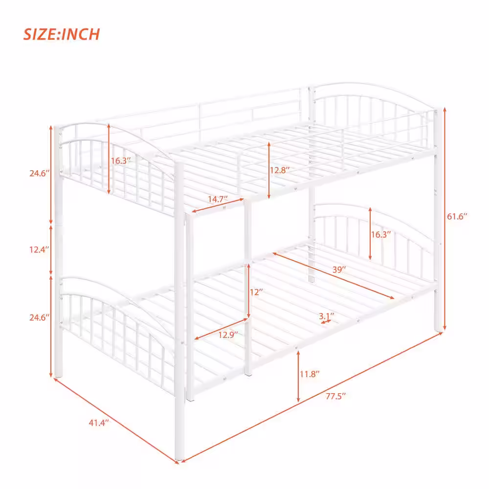 Harper & Bright Designs White Twin over Twin Metal Bunk Bed with Ladder, Divided into 2-Separate Beds