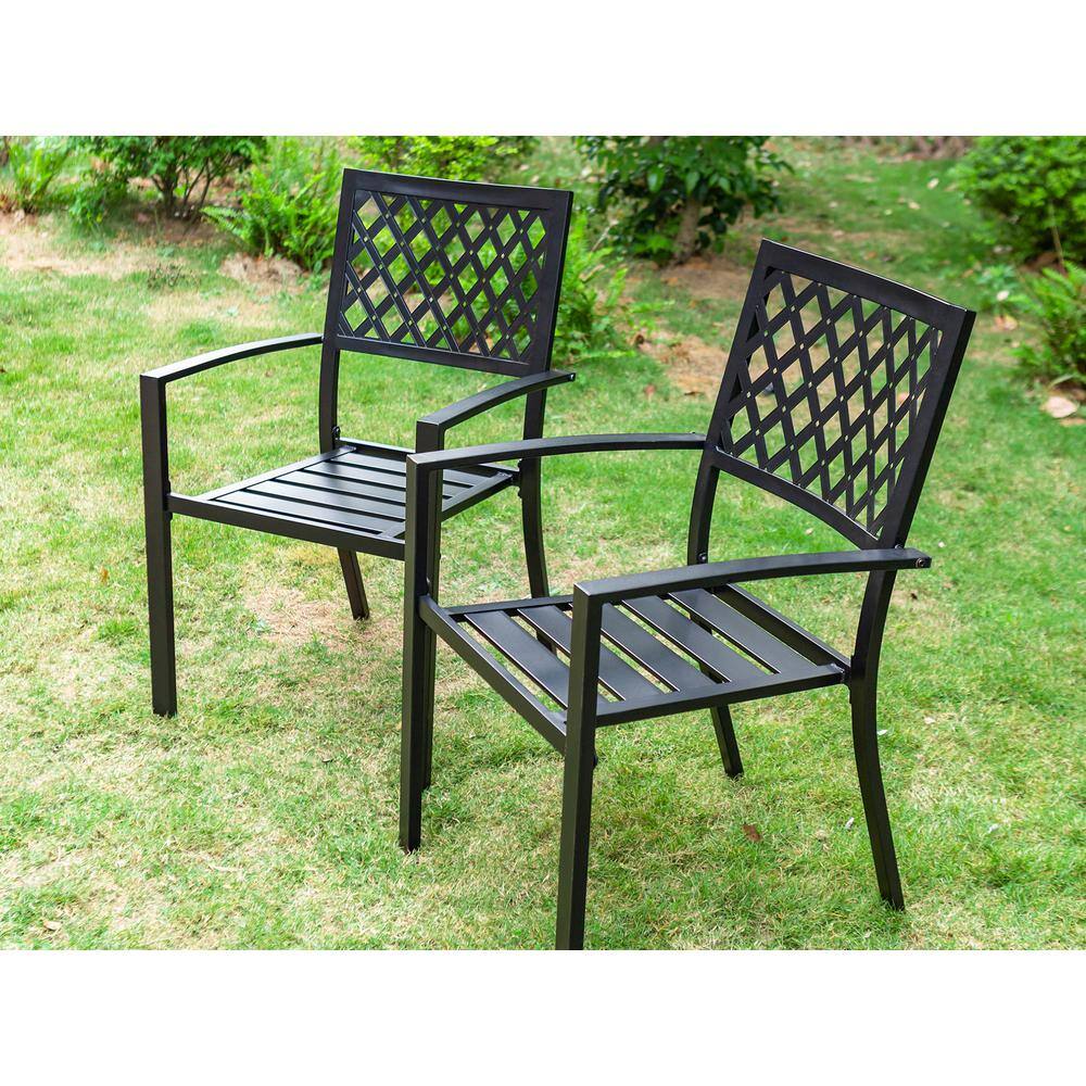 None Black 6-Piece Metal Outdoor Patio Dining Set with Umbrella and Slat Square Table and Elegant Stackable Chairs