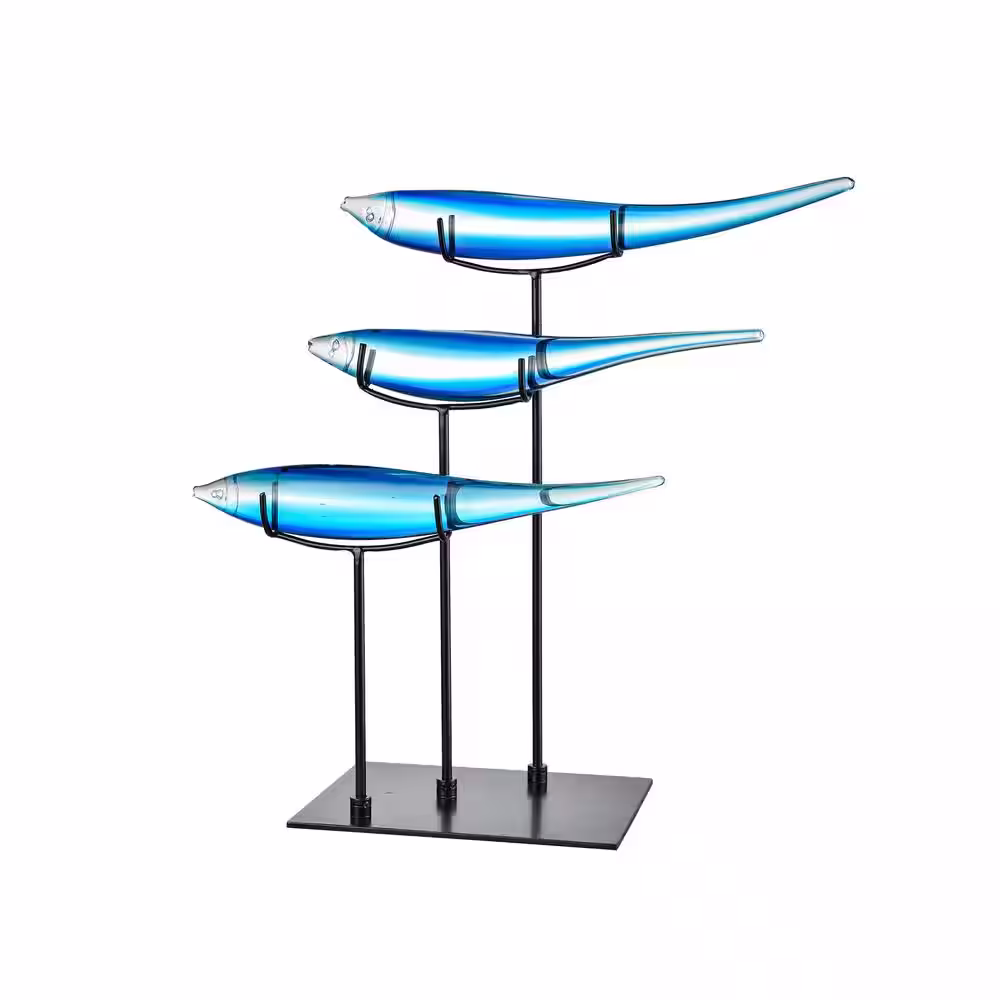 Dale Tiffany 19 in. 3 Blue Fish Handcrafted Irregular Art Glass Figurine