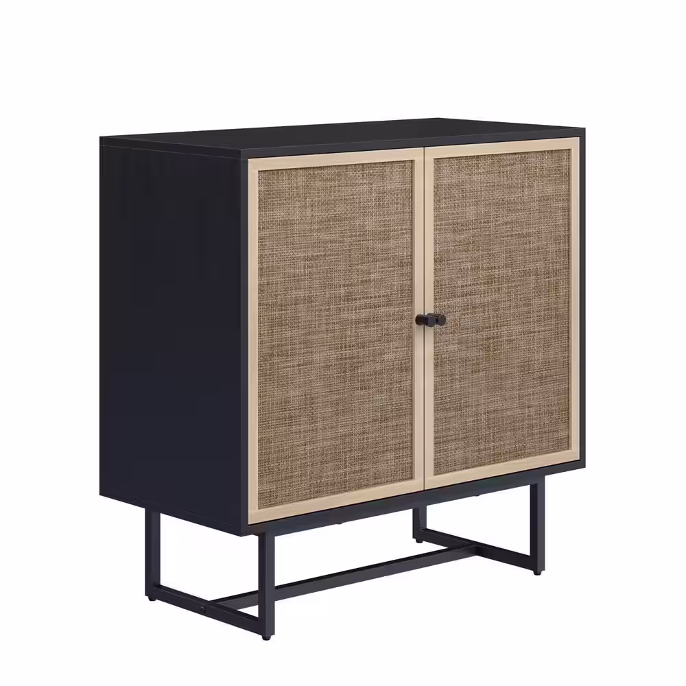 Nathan James Kova Black Cane Rattan Doors Accent Cabinet with Black Metal Base and Adjustable Shelf for Hallway or Living Room