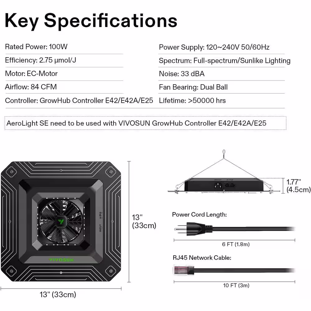 VIVOSUN AeroLight 100-Watt White LED Grow Light with Integrated Circulation Fan, Warm White