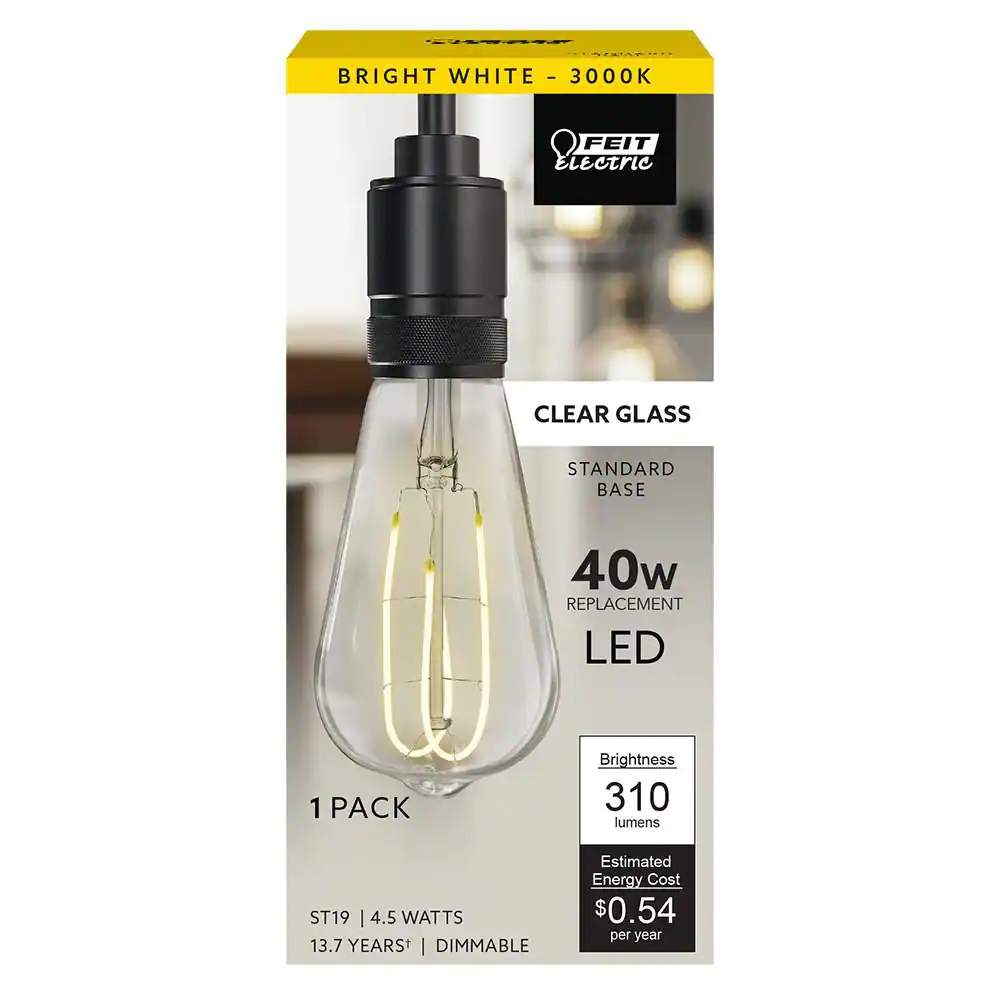 Feit Electric 40-Watt Equivalent ST19 Dimmable M Shape Filament Clear Glass E26 Vintage Edison LED Light Bulb, Bright White 3000K
