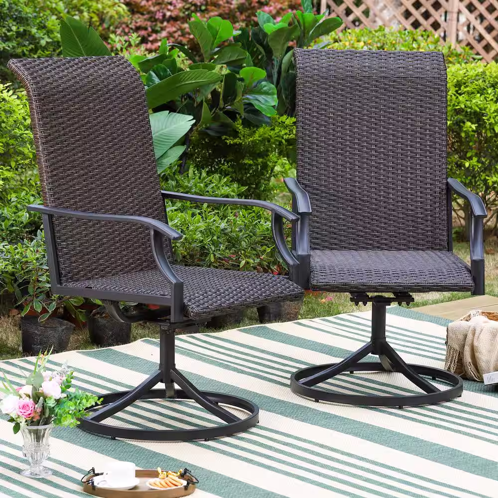 None 7-Piece Patio Outdoor Dining Set with Rectangle Slat Table and Rattan Swivel Chair