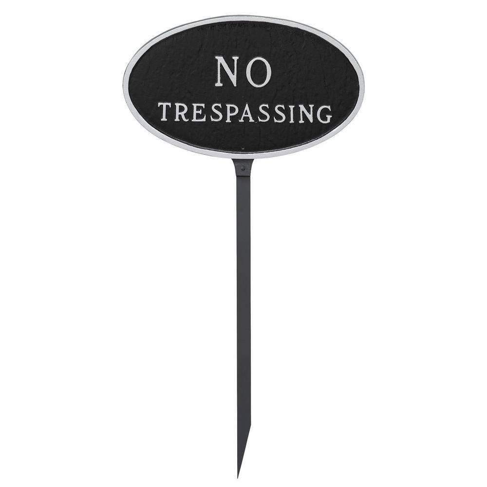 Montague Metal Products 8.5 in. x 13 in. Standard Oval No Trespassing Statement Plaque Sign with 23 in. Lawn Stake, Black with Silver Lettering