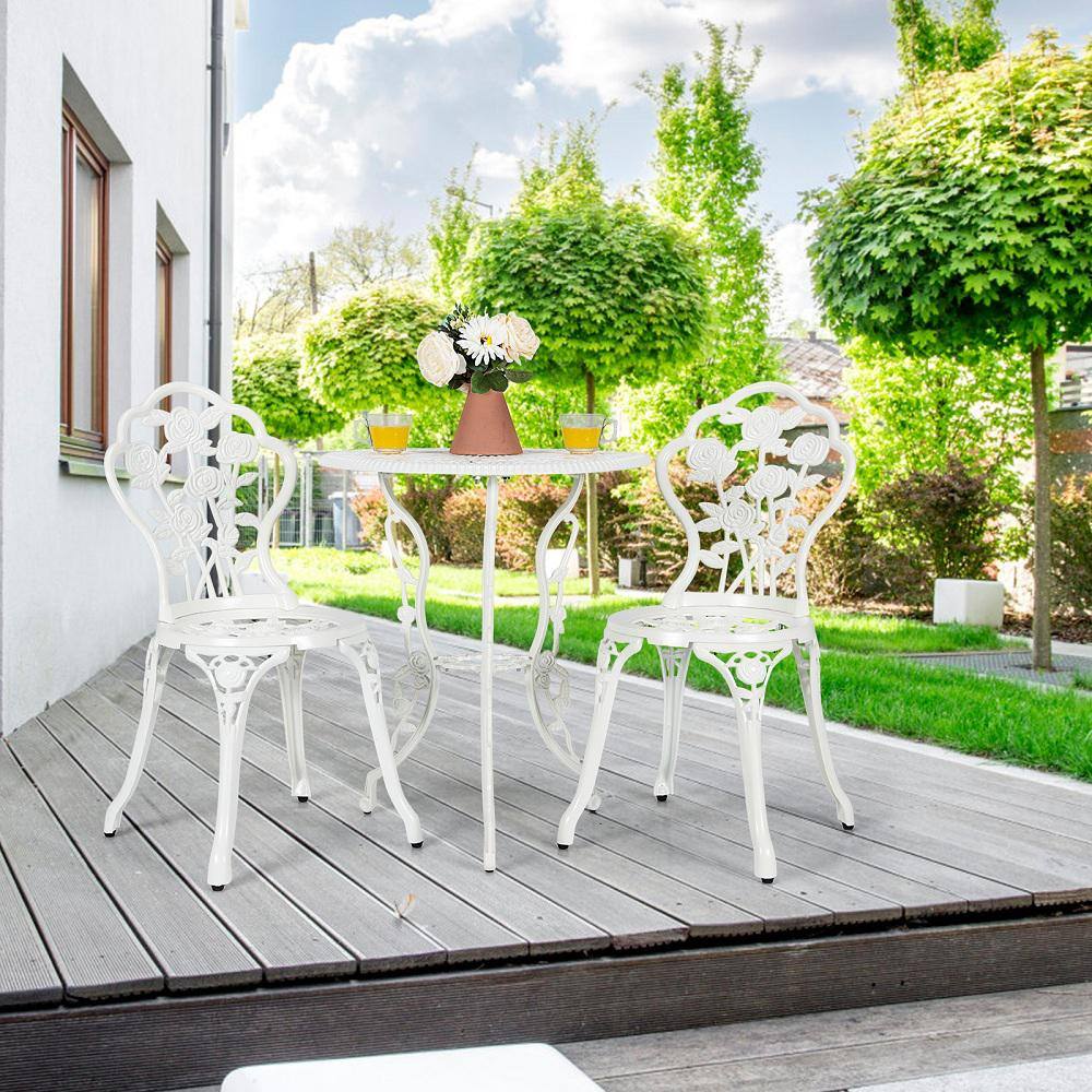 HONEY JOY 26 in. Rose Design White 3-Piece Metal Round Outdoor Bistro Set