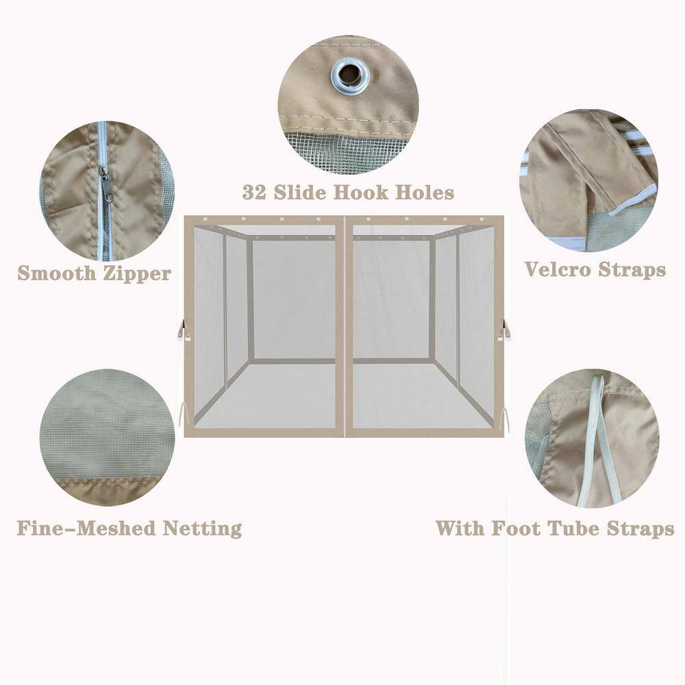 None 10 ft. x 10 ft. Beige Gazebo Replacement Mosquito Netting with Zippers, 4-Side Mesh Walls
