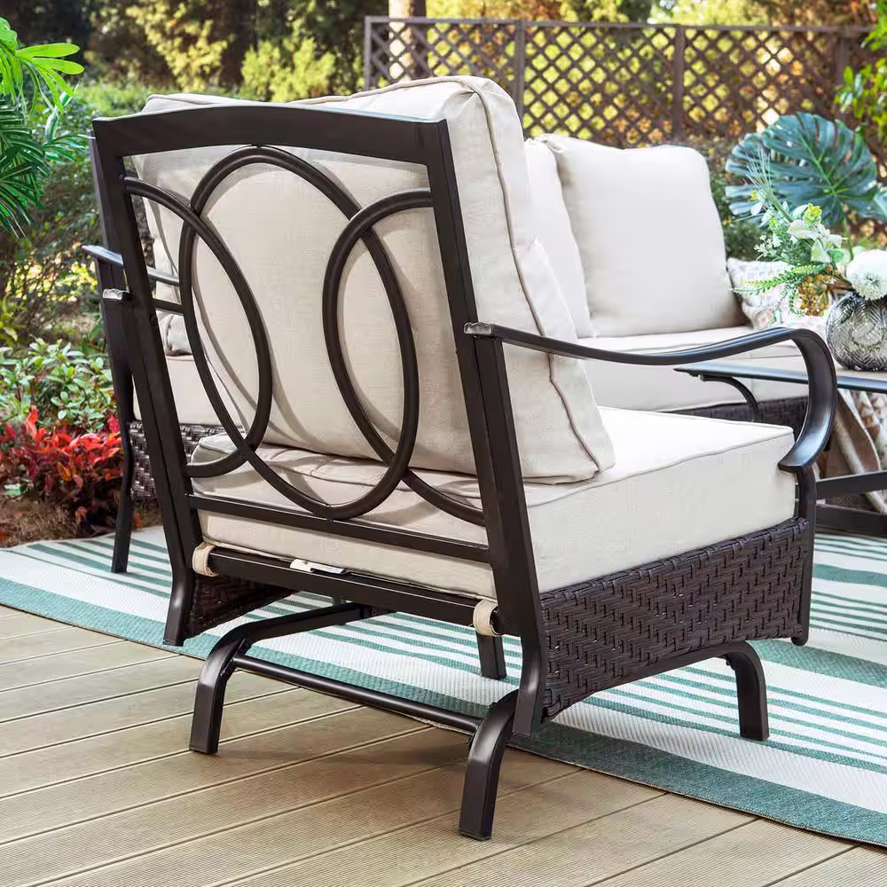 None Black Rattan 5 Seat 4-Piece Steel Outdoor Patio Conversation Set with Beige Cushions, Table with Wood-Grain Top