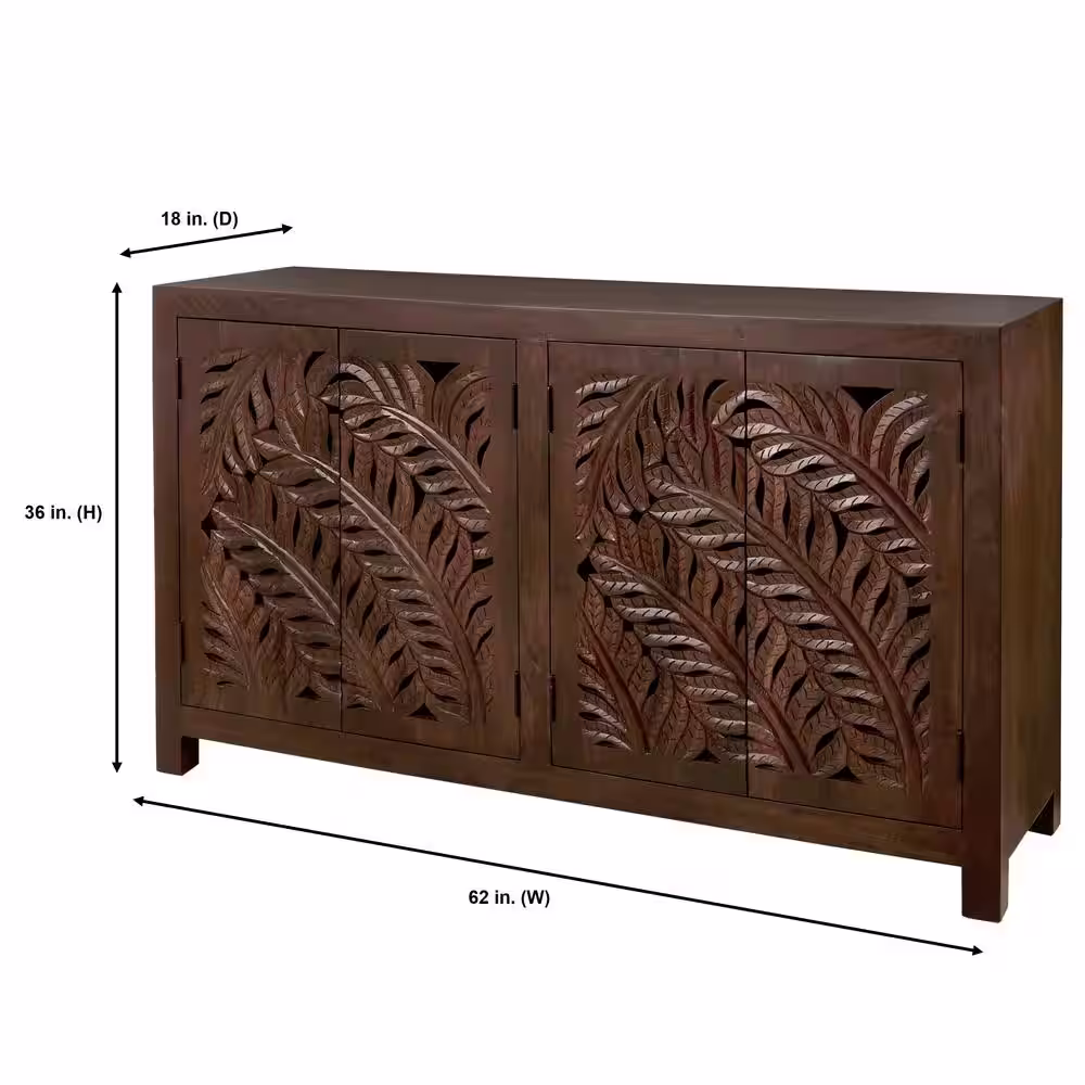 Home Decorators Collection Palmeadow Carved Walnut Brown Wood 4-Door Accent Cabinet (36 in. H x 62 in. W x 18 in. D)