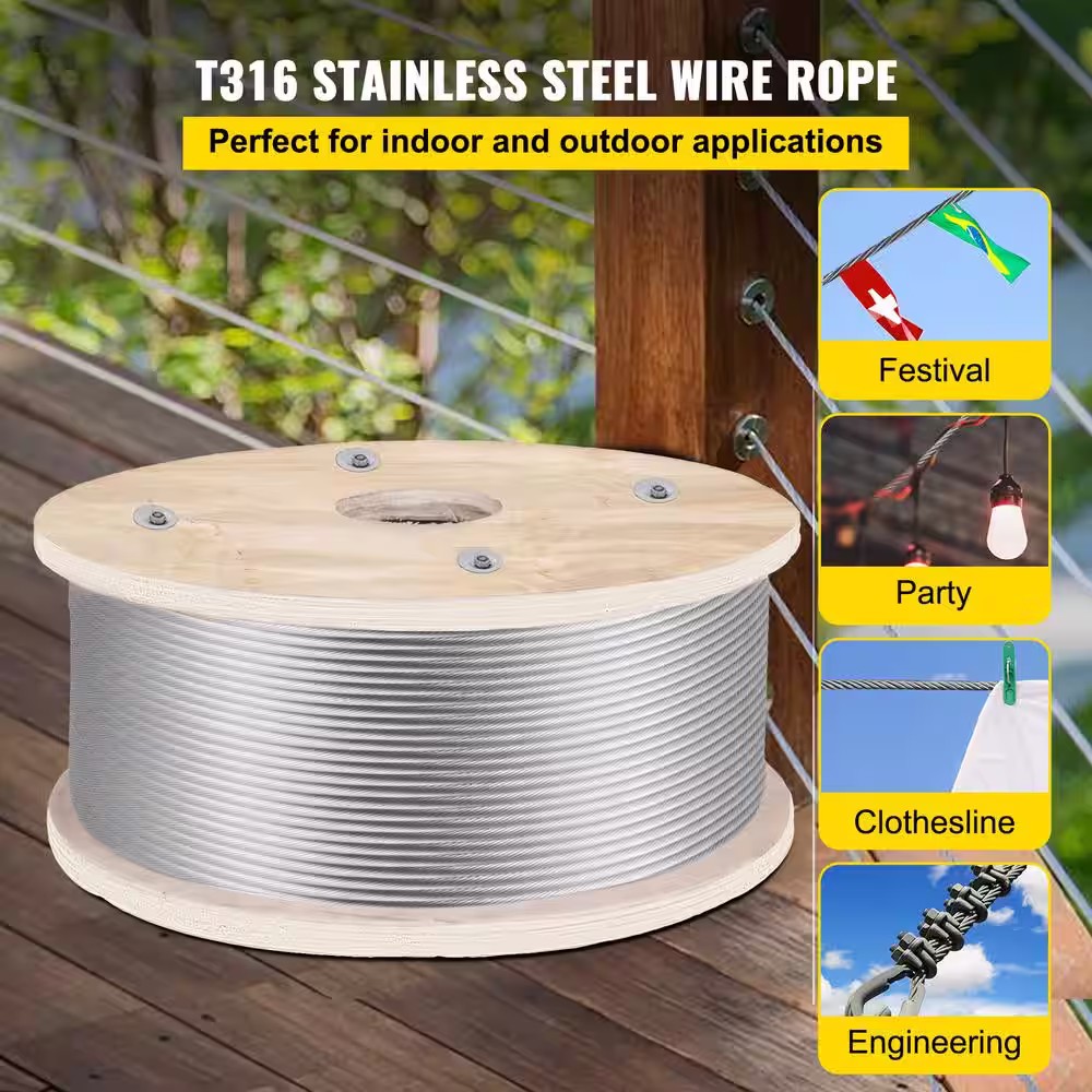 VEVOR 500 ft. x 3/16 in. Cable Railing Kit 4700 lbs. Load T316 Stainless Steel Wire Rope Winch with 1x19 Strand for Deck Stair