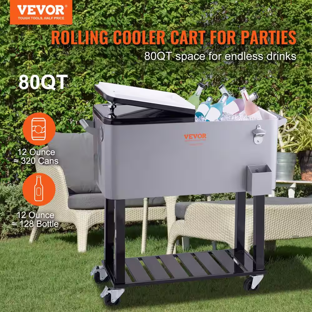 None Rolling Ice Chest Cooler Cart 80 qt. Portable Bar Drink Cooler, Beverage Bar Stand Up Cooler