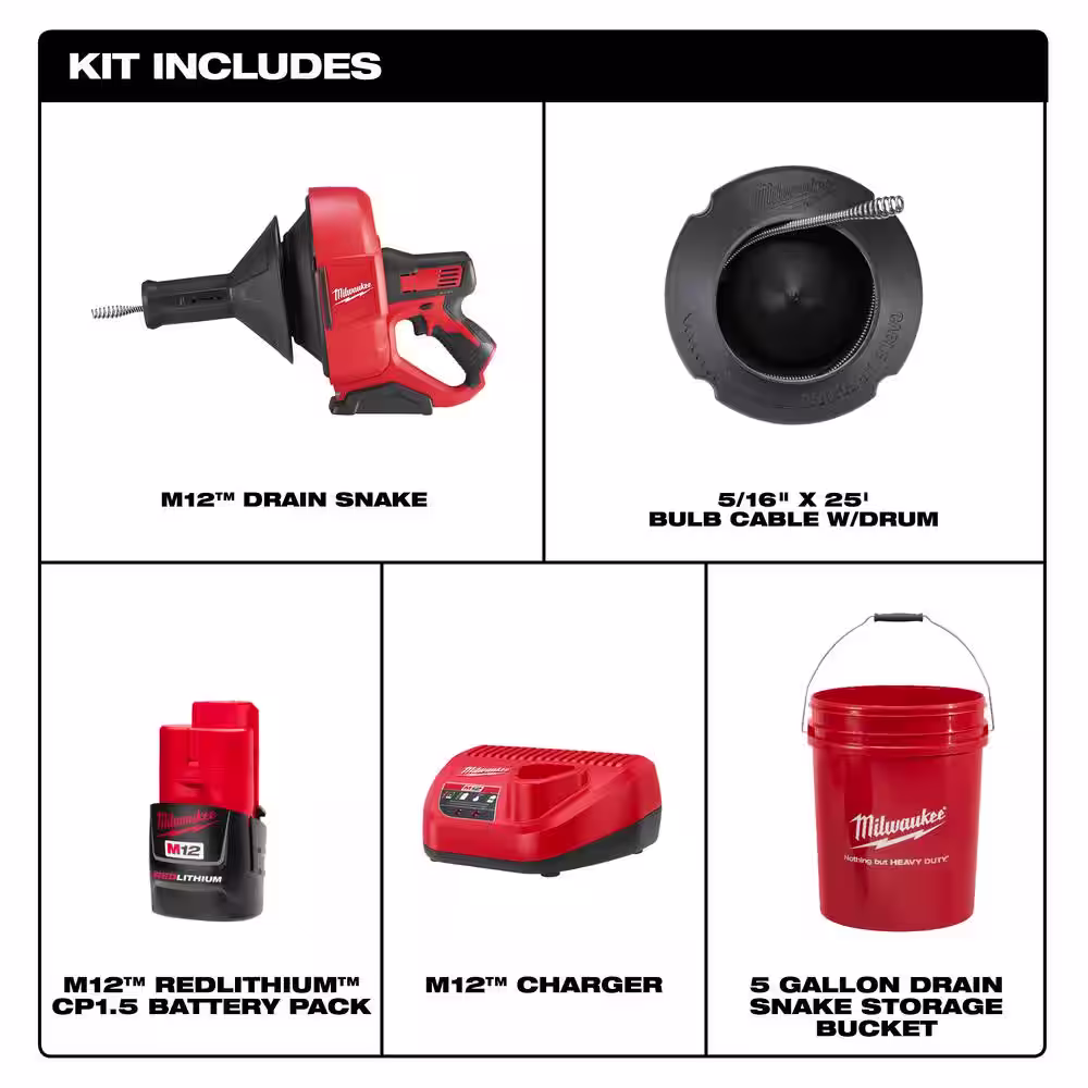 Milwaukee M12 12-V Lithium-Ion Cordless Drain Snake Auger W/ (1) 1.5Ah Battery, 5/16 in. x 25 ft. Cable, Charger, & 5 Gal. Bucket