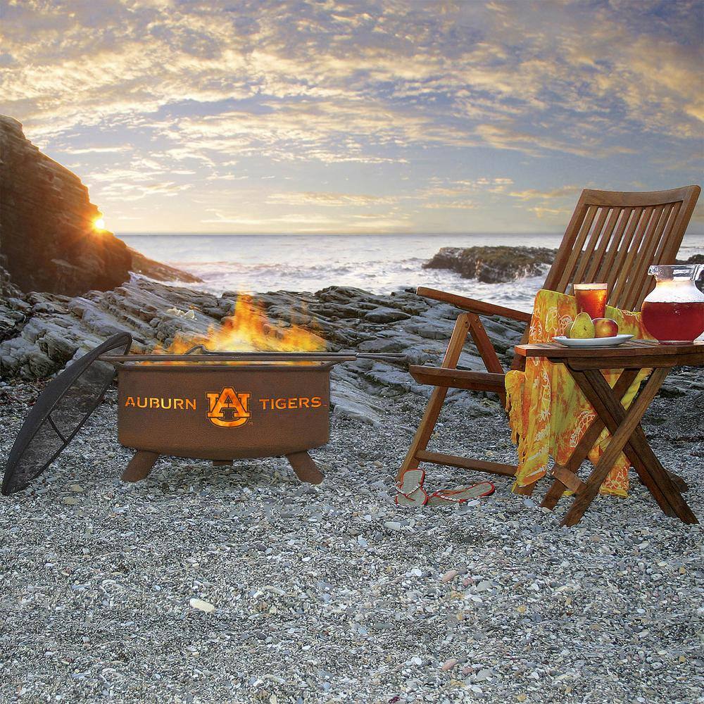 None Auburn 29 in. x 18 in. Round Steel Wood Burning Rust Fire Pit with Grill Poker Spark Screen and Cover