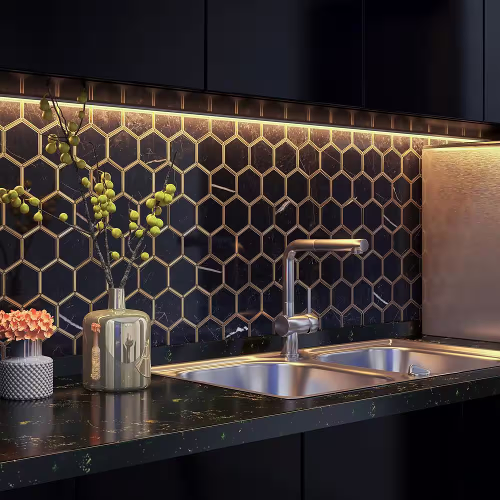 MOLOVO Natural Blanco Black Gold 12.8 in. x 11.11 in. Hexagon Polished Marble Mosaic Tile (9.9 sq. ft./Case)