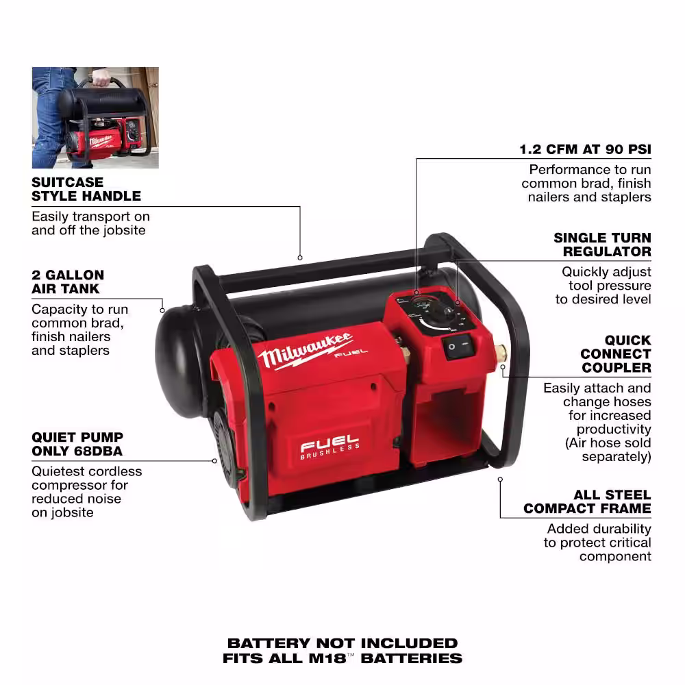 Milwaukee M18 FUEL 18-Volt Lithium-Ion Brushless 2 Gal. Compact Quiet Compressor (2-Tool) and Performance Safety Glasses (2-Pack)