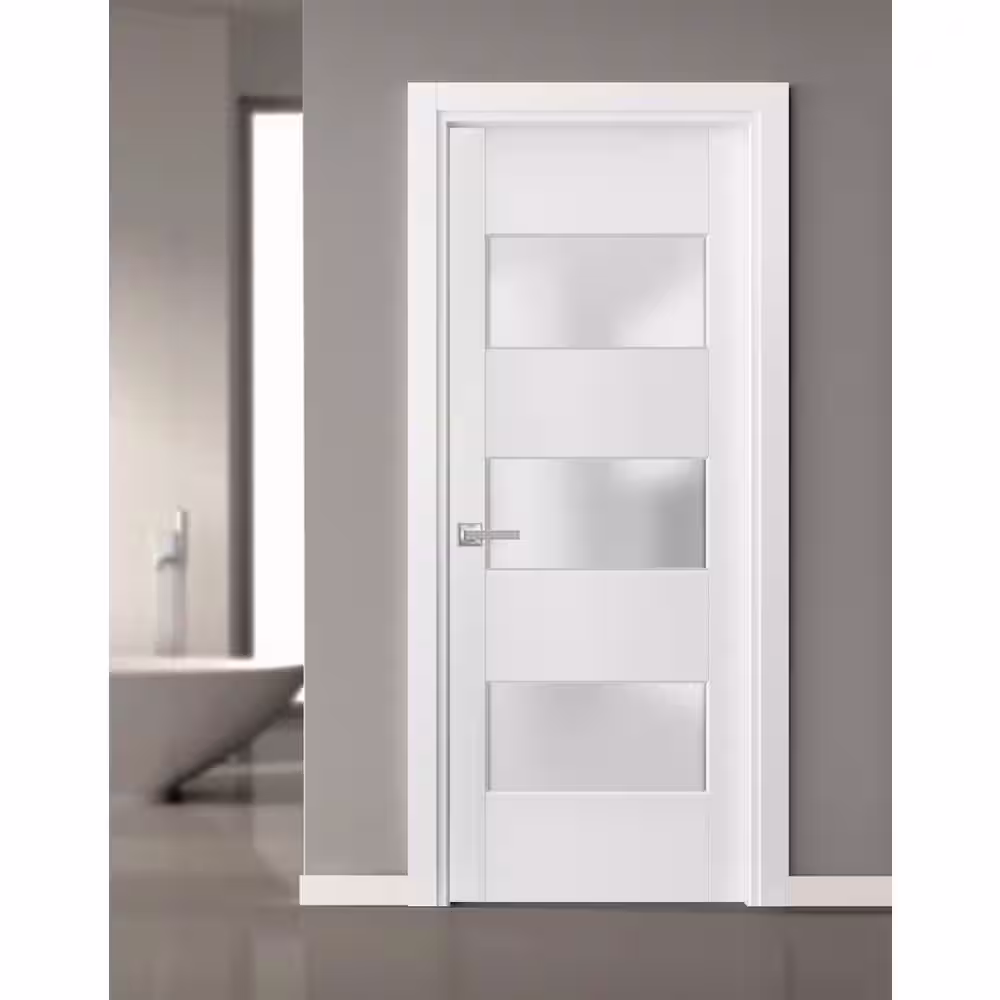 Sartodoors 4070 30 in. x 80 in. Single Panel No Bore Frosted Glass White Finished Pine Wood Interior Door Slab