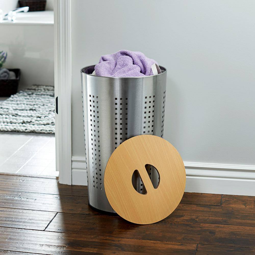 HOUSEHOLD ESSENTIALS Round Metal Laundry Hamper with Wood Lid