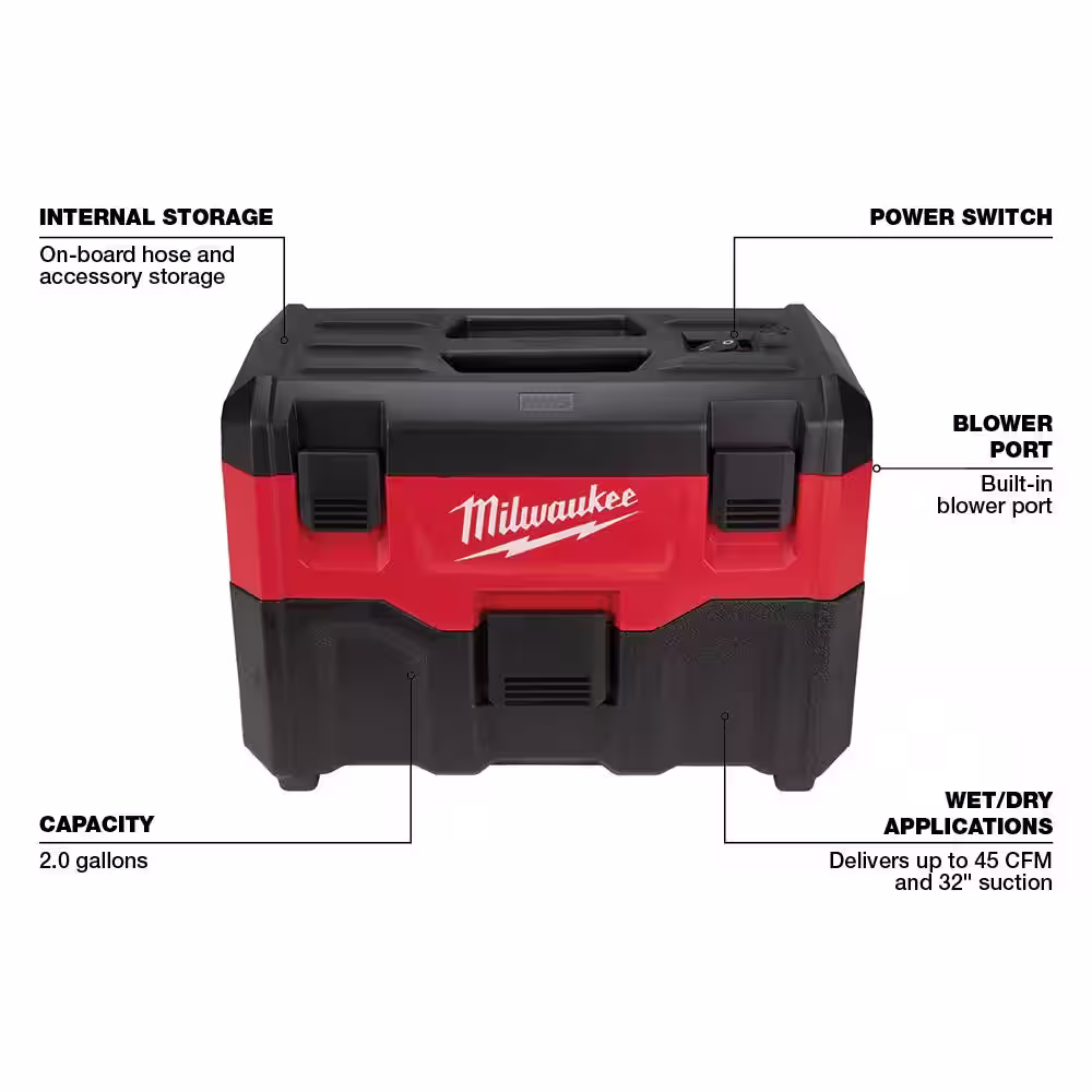 Milwaukee M18 18-Volt 2 Gal. Lithium-Ion Cordless Wet/Dry Vacuum & AIR-TIP Conduit Line Puller Attachment For Wet/Dry Shop Vacuums