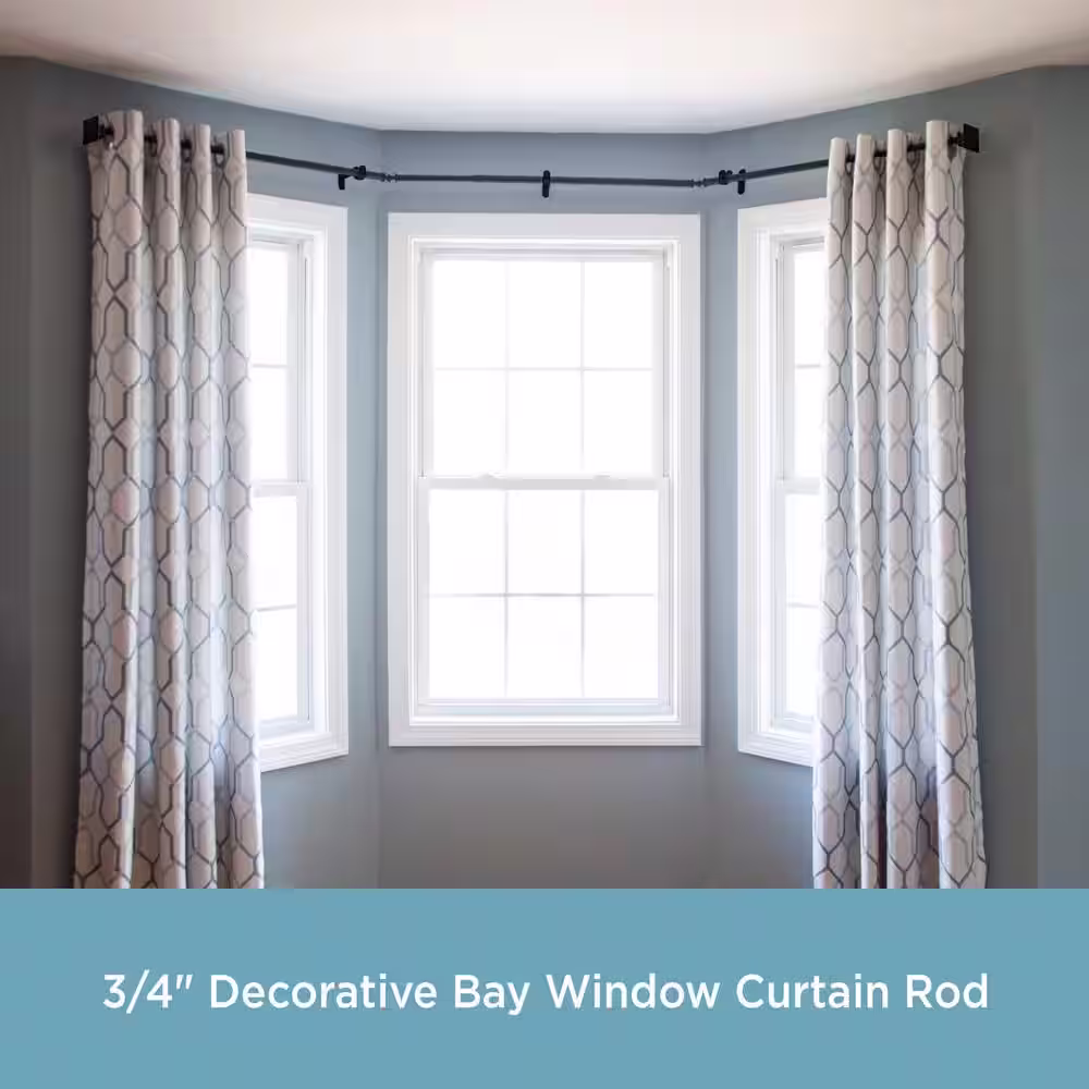 Kenney Mission 78 in. - 144 in. Adjustable Single Bay Window Curtain Rod 3/4 in. Diameter in Black with Square Finials