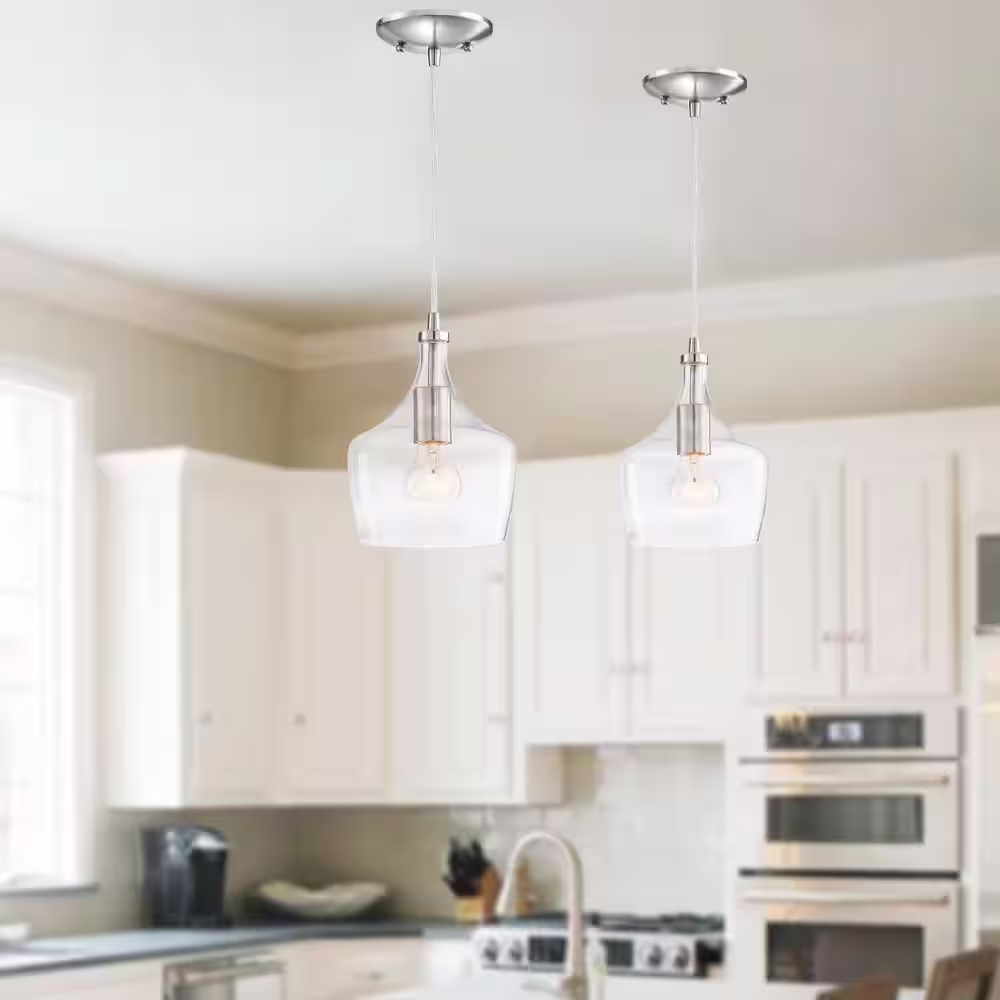 Hukoro 1-Light Kitchen Island Teardrop Clear Glass Pendant with Brushed Nickel Finish