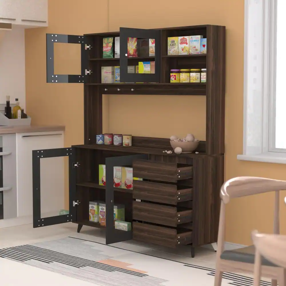 None 63 in. L Brown Wood Kitchen Dining Food Pantries Sideboard with 4-Drawers, Hooks, Open Shelves, Glass Doors