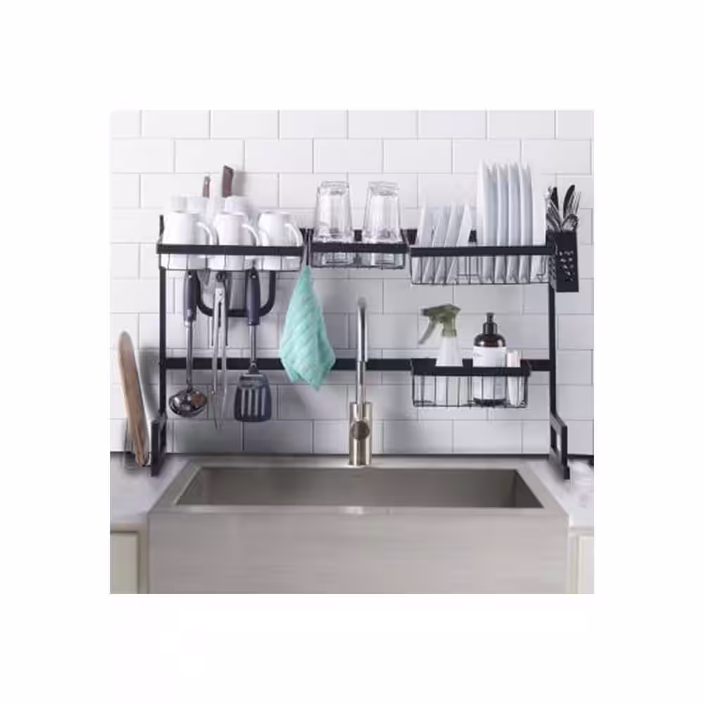 None X-Large Over the Sink Adjustable Dish Rack Drainer with Utensils Hooks Cutlery Holder