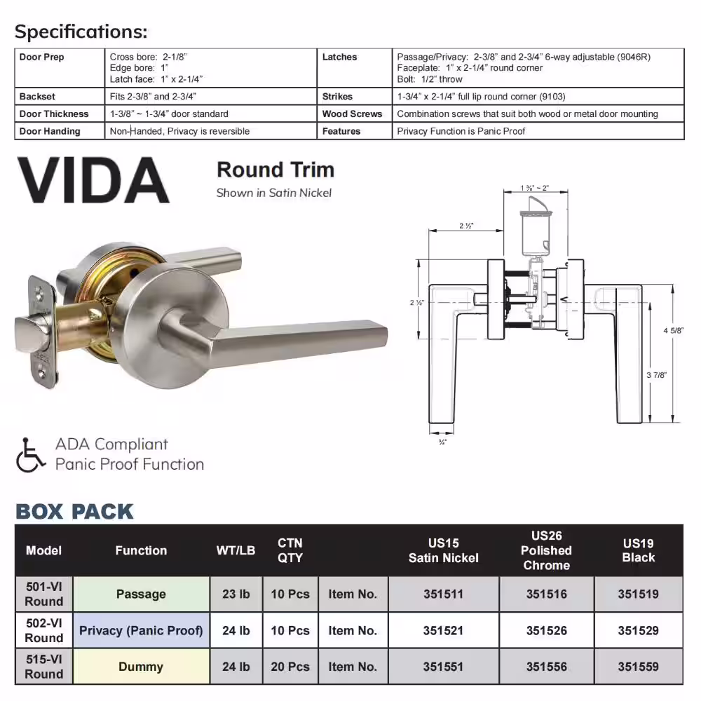 DELANEY HARDWARE Contemporary Collection Vida Satin Nickel Dummy Door Lever