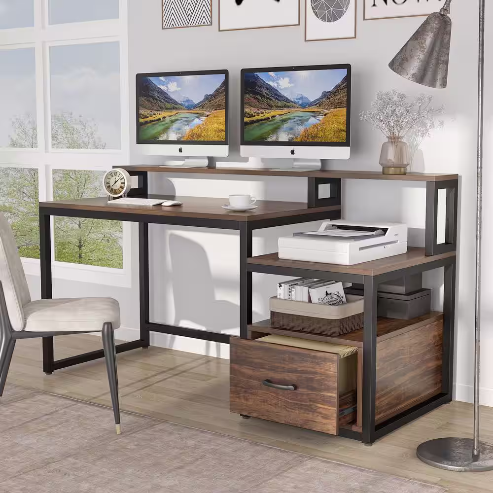None Cassey 59 in. Brown Computer Desk Vintage Wood Large Home Office Desk with File Drawer, Storage Shelves and Hutch