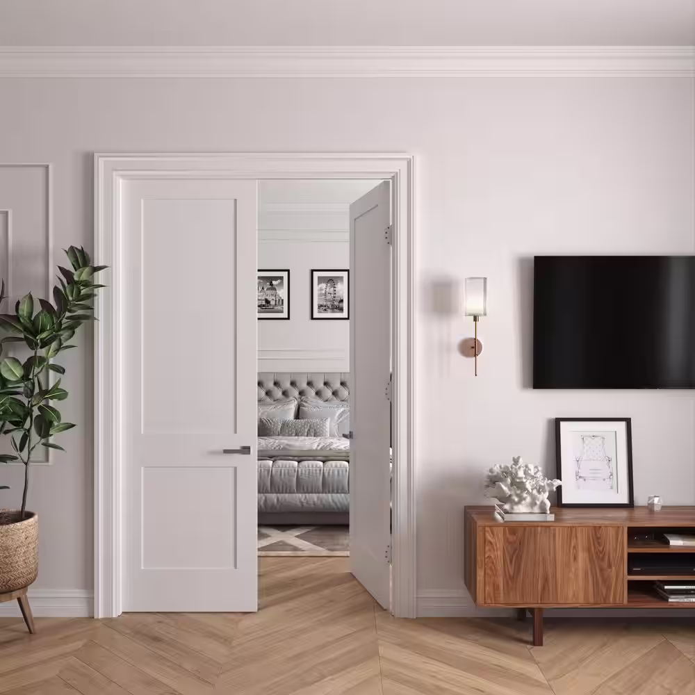 RESO 72 in. x 96 in. Bi-Parting Solid Core Primed White Composite Wood Double interior Pre-hung French Door Satin Nickel